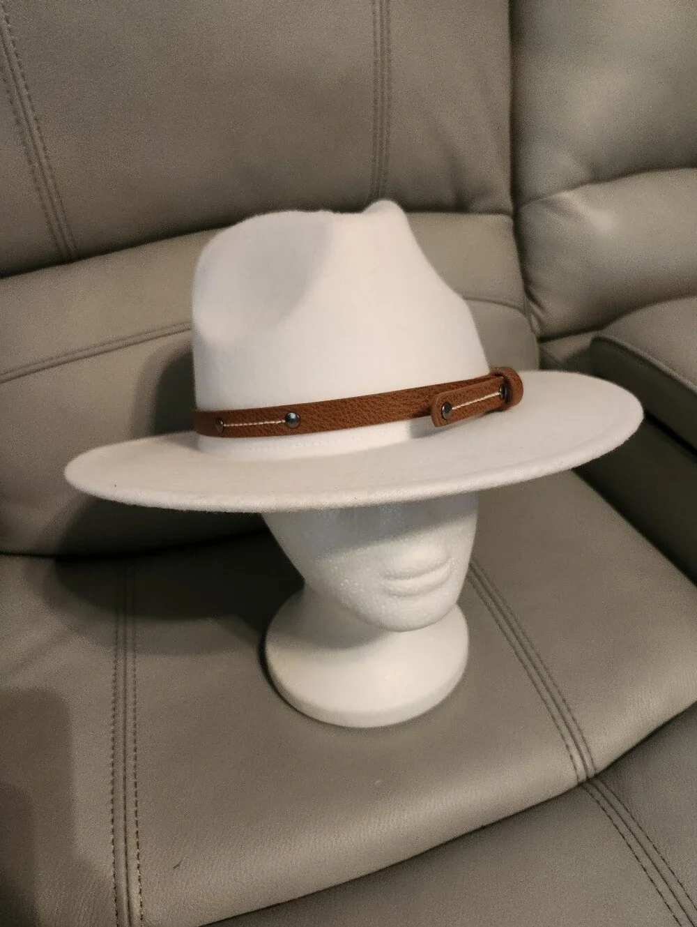 White Fedora with Brown Leather Band - Unbranded